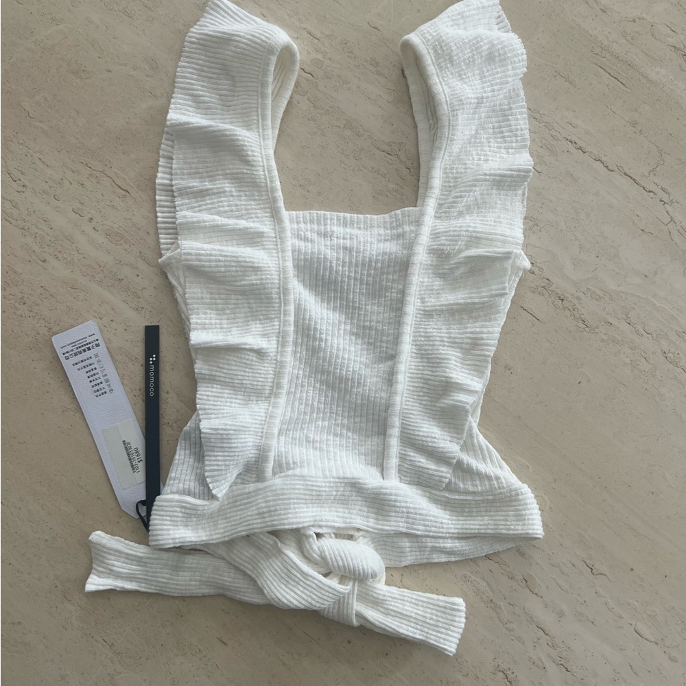 Momoco White Ribbed Knit Ruffled Cropped Tank - Picture 2 of 3
